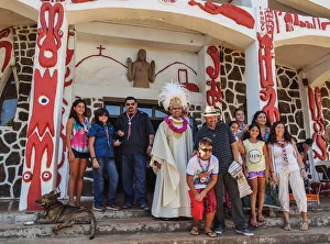 Rapa Nui Prints: Rapa Nui Priest in front of the church on Easter Sunday, Hanga Roa, Easter Island, Chile