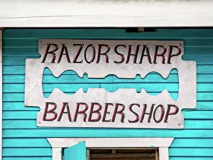 Cayo District Prints: Razor Sherp Barber Shop, San Ignacio, Cayo District, Belize
