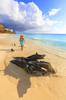 Rear View Prints: Rear view of woman with hat walking on Ffryes Beach, Antigua, Antigua and Barbuda