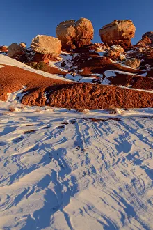 Eroded Prints: Recent snow in the high desert featuring Twin Rocks, Capitol Reef National Park, Utah, USA