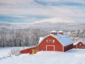 Michael Blanchette Prints: Red barn at foot of mountain in winter, Northeast Kingdom, Guildhall, Vermont, USA