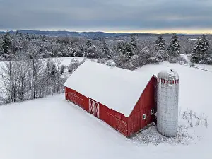 Q3 2025 Prints: Red barn in winter, Green Mountains, Morristown, Vermont, USA