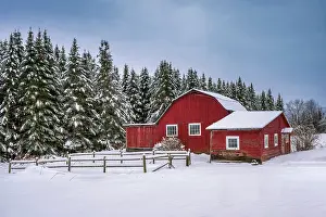 Q3 2025 Prints: Red barn in winter, Green Mountains, Morristown, Vermont, USA
