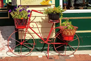 A red bicycle is a planter on the Washington Street Pedestrian Mall in Cape May, New Jersey