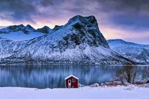 Bergsbotn Prints: Red Boat House along Bergsbotn Fjord, Senja, Norway