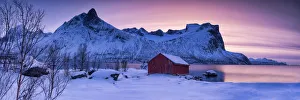 Bergsbotn Prints: Red Boat Hut & Mountain at Sunset, Senja, Norway