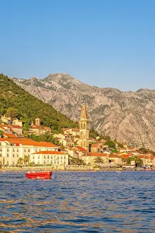 Montenegro Prints: Red boat in front of Perast, Kotor Bay, Montenegro