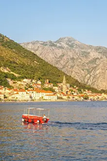 Perast Prints: Red boat in front of Perast, Kotor Bay, Montenegro
