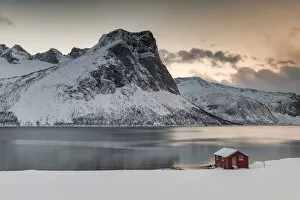 Red Boathouse on Bergsbotn Fjord, Senja, Norway