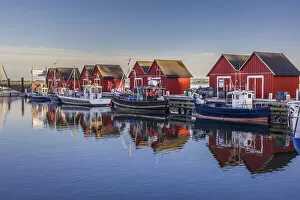 Fishing Boats Gallery: Red boathouses in the marina Weisse Wiek, Mecklenburg-Western Pomerania, Northern Germany