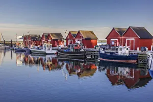 Fishing Boats Gallery: Red boathouses in the marina Weisse Wiek, Mecklenburg-Western Pomerania, Northern Germany