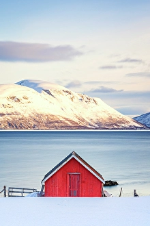 Fjord Prints: Red cabin on the frozen snowy fjord at dawn, Tromso, Norway