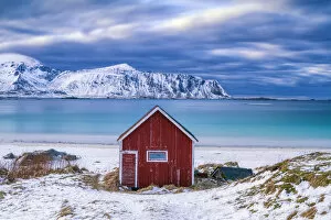 Red Cabin on Ramberg Beach, Lofoten Islands, Norway
