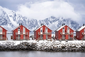 Chalet Prints: Red cabins (rorbu), Svolvaer, Vagan, Austagoy, Nordland, Lofoten, Norway