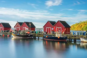 Cabins Prints: Red cabins at Wei√ue Wiek harbor