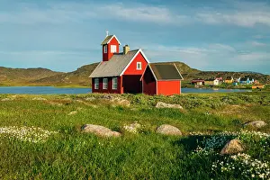 Inuit Prints: Red church in settlement of Ilumanaq, Greenland