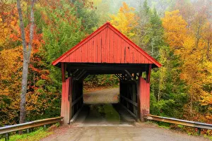 Timber Prints: The Red Covered Bridge in autumn, Green Mountains, Morristown, Vermont, USA