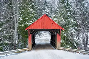 Timber Prints: The Red Covered Bridge in winter, Green Mountains, Morristown, Vermont, USA