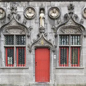 Belgium Prints: Red Door of the Basilica of the Holy Blood in Burg Square, Bruges, Belgium