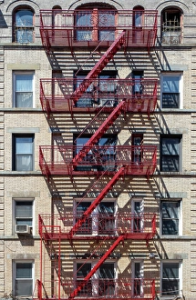 Brick Building Prints: Red fire escape on brick building, Soho, Manhattan, New York City, New York, USA