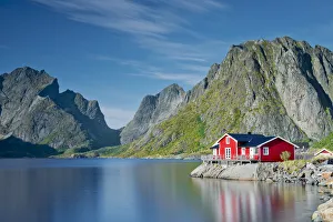 Hamnoy Prints: Red Fishing Hut Overlooking Fiord, Lofoten Islands, Norway
