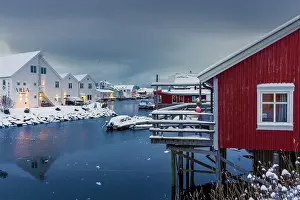 Rorbuer Prints: A red hut called Rorbuer (ancient fishermen's houses)
