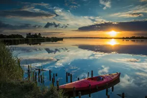 Canoe Gallery: Red Kayak on Hersey Mere at Sunset, Norfolk Broads National Park, Norfolk, England