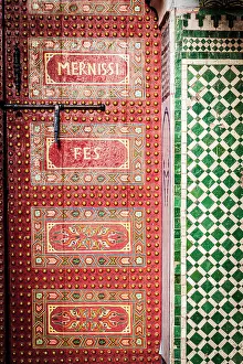 Doorway Prints: Red painted old wooden doorway, Fez, Morocco