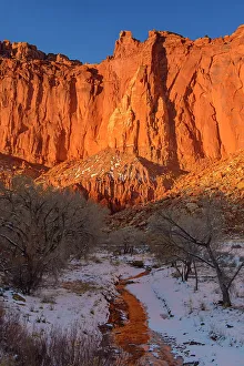 Fresh Water Prints: Red rock reflections in Sulphur Creek in winter, Capitol Reef National Park, Utah, USA