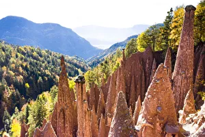Larch Tree Prints: Red rocks of earth pyramids in autumn, Longomoso, Renon / Ritten, Bolzano, South Tyrol