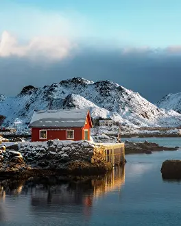 Rorbuer Prints: Red rorbu in Ballstad, Lofoten Islands, Norway