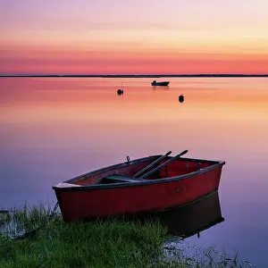 Cape Cod Prints: Red rowboat at sunrise on Cape Cod marsh, Orleans, Massachusetts, USA