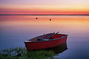 Estuary Prints: Red rowboat at sunrise on Cape Cod marsh, Orleans, Massachusetts, USA