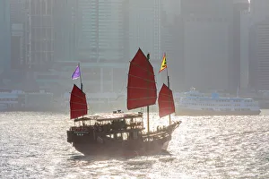High Rise Prints: A Red Sail Junk in Hong Kong Harbour, Hong Kong, China