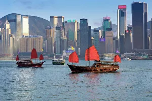 Junk Prints: A Red Sail Junk in Hong Kong Harbour, Hong Kong, China