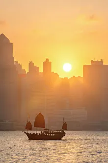 High Rise Prints: A Red Sail Junk in Hong Kong Harbour, Hong Kong, China