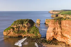 Red sandstone cliffs of Ladram Bay on the Jurassic Coast World Heritage Site, Devon