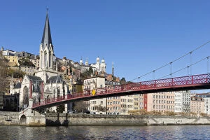 Red suspension bridge connecting old Lyon with the Presqu ile, Lyon, France