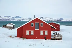 Mining Town Prints: Red timber house in remote former mining town of Ny Alesund