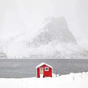 Timber Prints: Red timber rorbu (cabin) with Bergsfjord and snow-covered mountains in the distance