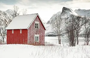 Timber Prints: Red timber rorbu (cabin) in the snow, Bergsbotn, Senja, Norway