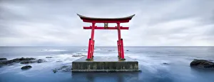 Hokkaido Prints: Red torii gate near Shosambetsu, Hokkaido, Japan