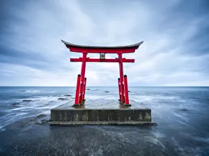 Hokkaido Prints: Red torii gate near Shosambetsu, Hokkaido, Japan