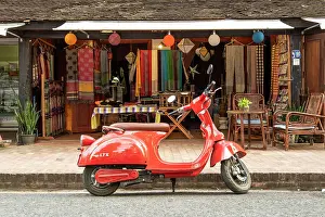 Scooter Prints: Red Vespa, Luang Prabang (ancient capital of Laos on the Mekong river), Laos
