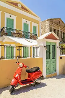 Vespa Prints: A red Vespa scooter in Symi, Dodecanese Islands, Greece