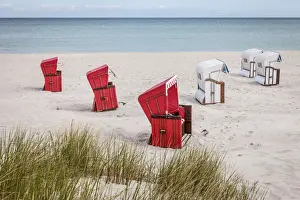 Beach Chair Prints: Red and white beach chairs in Zingst, Mecklenburg-Western Pomerania, Northern Germany