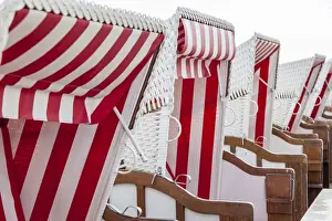 Red and white beach chairs in Zingst, Mecklenburg-Western Pomerania, Northern Germany