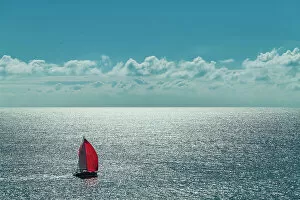 Images Dated 7th February 2023: Red & White Sailboat on North Sea, Dorset, England