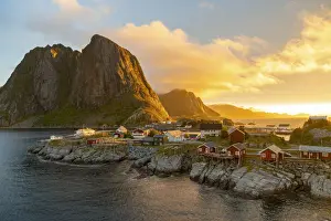 Reine Prints: Red wooden huts, known as Rorbu, in the village of Reine on the Hamnoy island, Lofoten