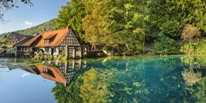 Images Dated 23rd March 2022: Mill reflecting in Blautopf Spring, Blaubeuren, Swabian Jura, Baden-Wurttemberg, Germany